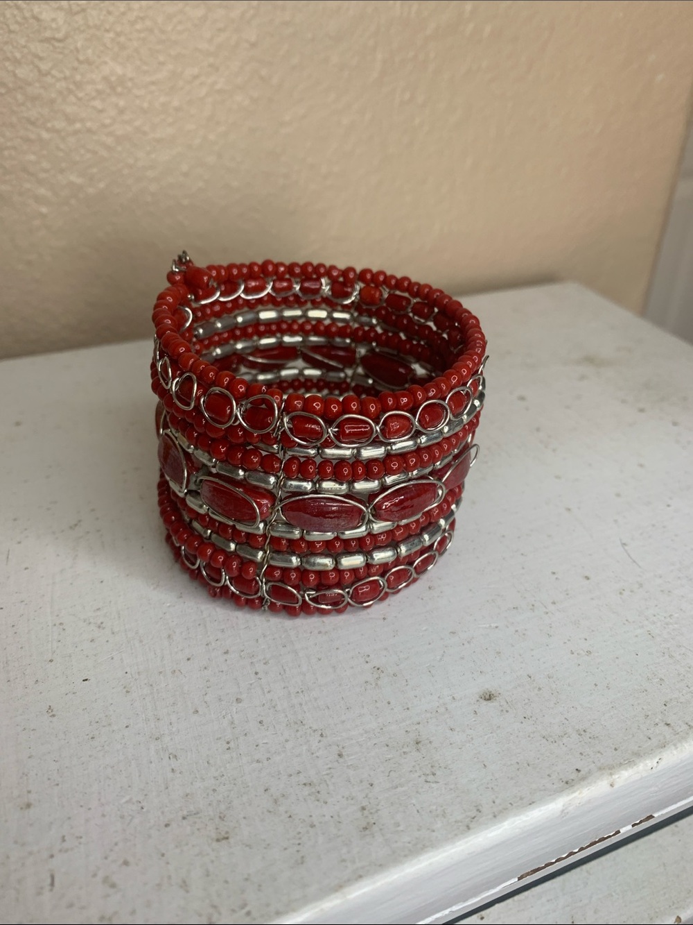 WESTERN Red Beaded Coil Bracelet with Silver Accents